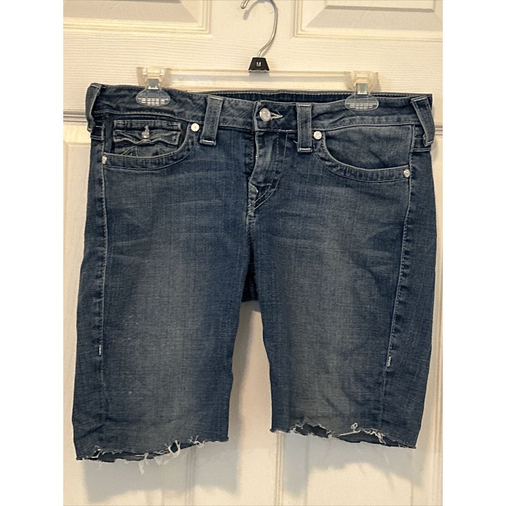 True Religion Blue Bling Raw‎ Hem Cut Off Jean Shorts 32